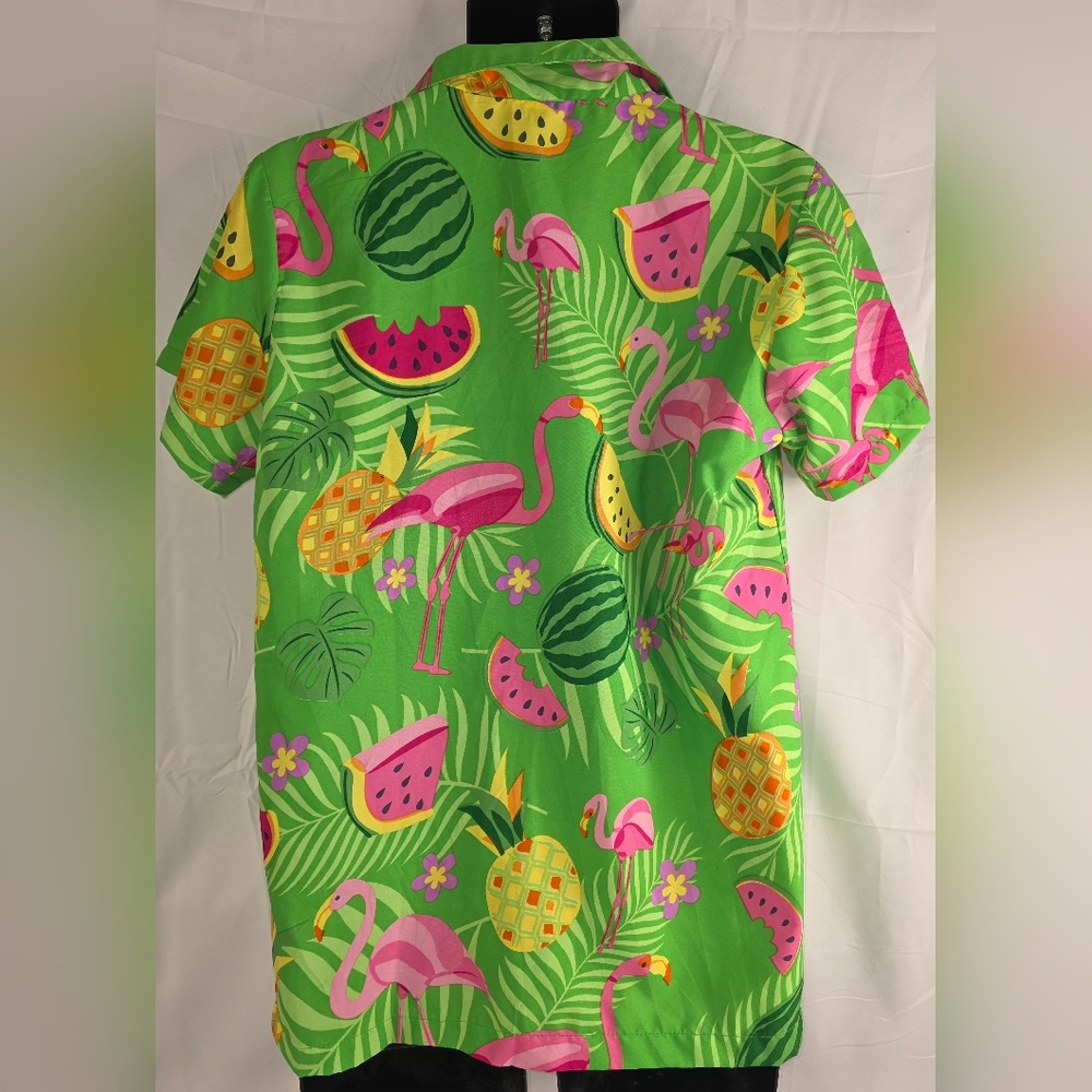 King Of Kameha Tropical Green Hawaiian Shirt with Pink Flamingos Size Med E-1708 - Picture 6 of 10